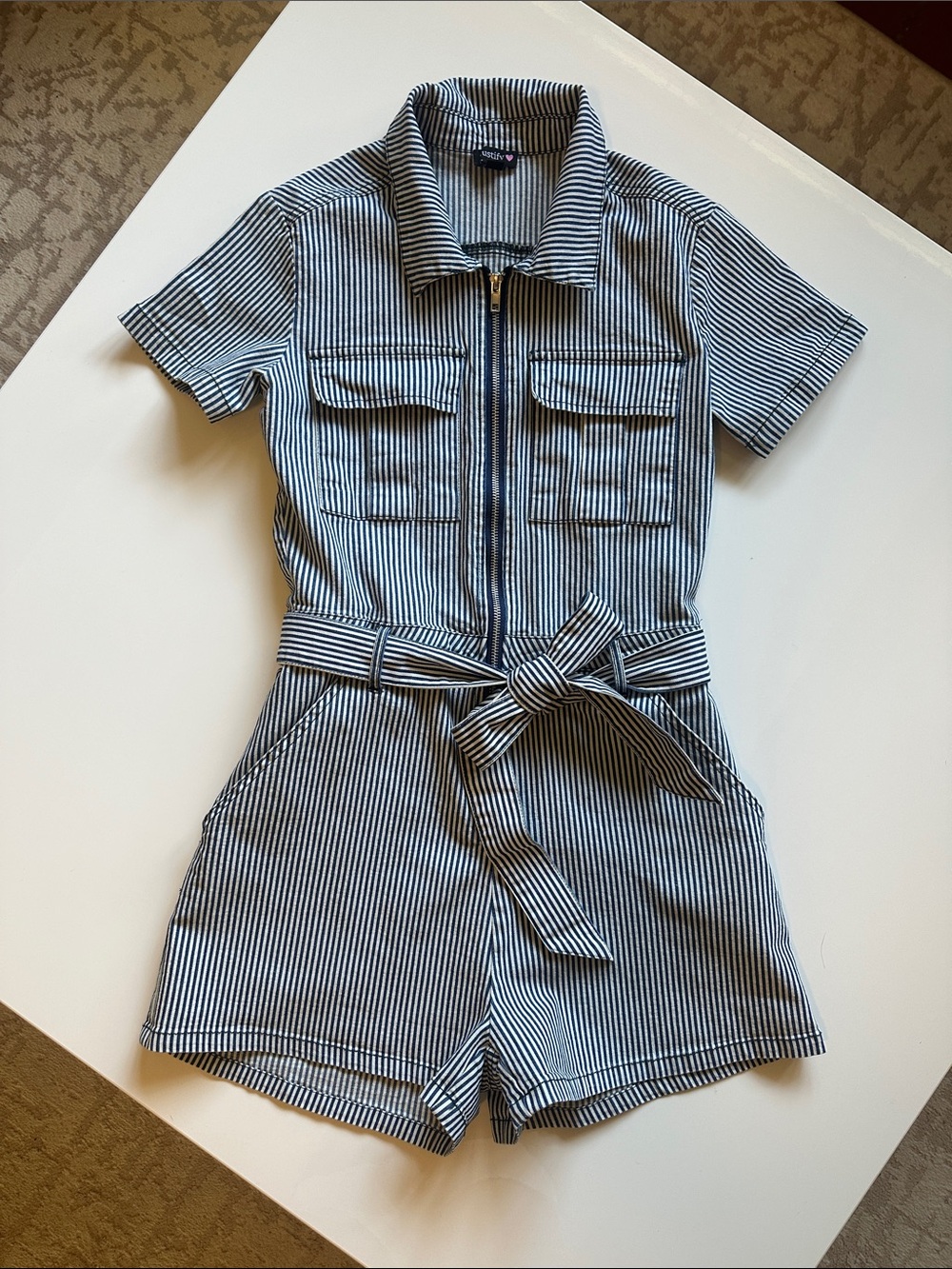 Justify Navy & White Striped Short-Sleeve Zip Romper